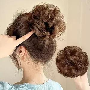 [셀러허브]당고머리 인모 올림머리 곱창밴드 가발(파마머리) 라이트브라운 똥머리 (S45888622)
