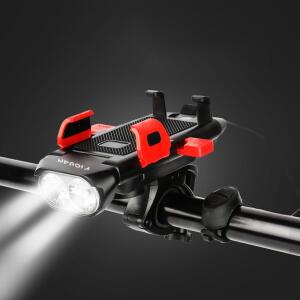 신제품 4 in 1 USB 충전식 방수 자전거 전조등 LED 라이트 경적 및 휴대폰 거치대 포함