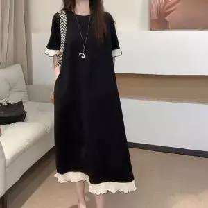여성 여름 반팔 물결 배색 빅사이즈 임부복 롱 원피스