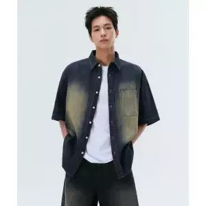 MUSINSA STANDARD 빅 브러쉬 릴렉스드 반소매 데님 셔츠 [옐로우 다크 블루]
