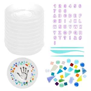 디딤돌 키트 10개 원형 대형 시멘트 몰드 모자이크 타일 3종 조각 도구 및 DIY 핸드프린트 발자국 산책로