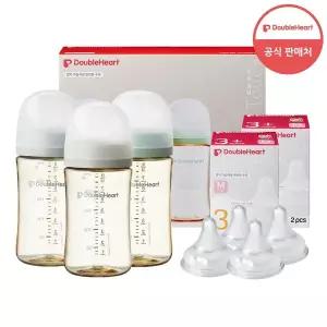 [더블하트] 3세대 240ml 모먼트 트리플팩 (노꼭지)+젖꼭지 4개