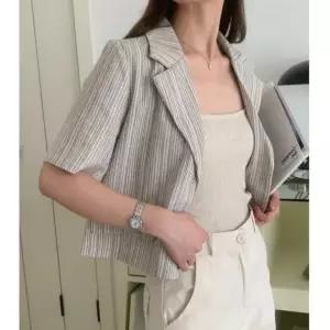 배색 레이디 줄무늬 여름 반팔 크롭 자켓 스트라이프 반팔 아우터