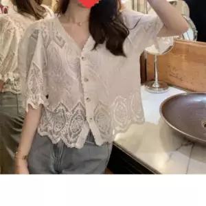 여성 레이스 배색 반팔 가디건 여름 시스루 러블리 카디건 아우터