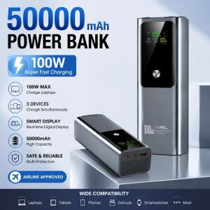 50000mAh 대용량 외부 전원 100W 초고속 충전 모바일 보조배터리 노트북 충전 가능 안전 휴대용 보조배터리