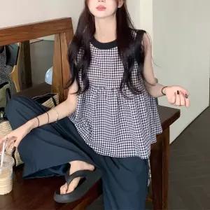 쁘띠꼬모 여성 민소매 체크무늬 셔츠 루즈핏 블라우스 H512011