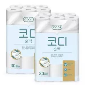 코디 천연펄프 화장지 천연펄프 두루마리 휴지 30롤 2팩 GST
