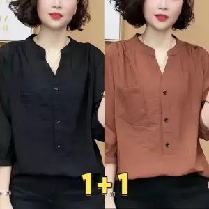 1+1 중년여성 여름 브이넥 단추 5부 소매 셔츠 블라우스 루즈핏 린넨코튼 남방 100kg