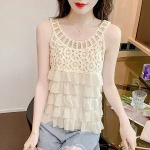 여성 여름 루즈핏 라운드 레이스 펀팅 셔링 프릴 캉캉 나시 민소매 티셔츠
