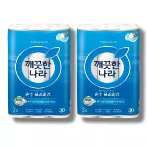 깨끗한나라 3겹 순수프리미엄 롤화장지 27m X 30롤 2팩
