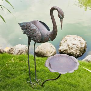 36인치 크레인 새 목욕통, 야외용 금속 모이통 | 목욕통이 있는 왜가리 정원 조각상, 파티오 잔디 장식용 빈티지 목욕통