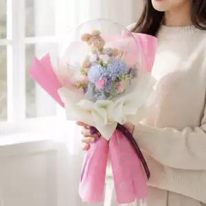 파스텔 폼폼 수국 조화 토끼 벌룬 꽃다발 40x50cm 꽃 선물 장식 기념일 졸업식 발표회 학예회 인테리어