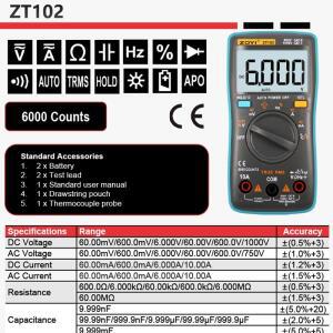 ZOYI 디지털 멀티미터 ZT-102 자동 범위 6000 카운트 AC/DC 전류계 전압계, 옴 헤르츠 트루 RMS 테스터,