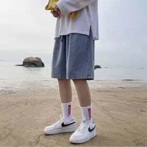 (색상:중청 | 사이즈:XL(28-30인치))데님 와이드 밴딩 5부 청 버뮤다 팬츠 반바지 남자 남성 학생