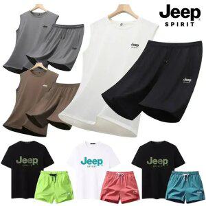 지프 JEEP SPIRIT 남녀공용 민소매+반바지 세트/ 반팔+반바지 세트 여름 휴가룩 운동복