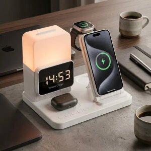 iOS워치용 무선 충전 15W 고속 무드등 6in1 멀티 스탠드 아이폰충전기 LED 시계 알람