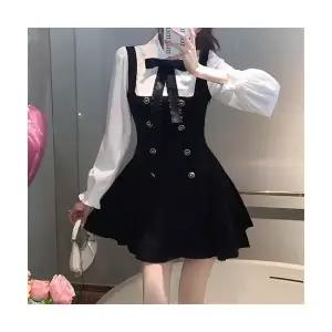5590 카라셔츠 긴팔 원피스 플리츠스커트 슬릿 리본 배색 하객룩 면접룩 정장 긴팔원피스