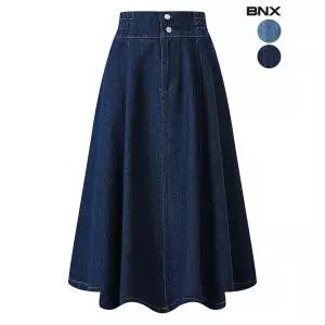 [하프클럽/BNX]데님 투버튼 A라인 플레어 롱 스커트