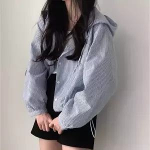 스트라이프 후드 아우터 캐주얼룩 심플코디 봄 데일리룩 여친룩 루즈핏 JWFK2CHA