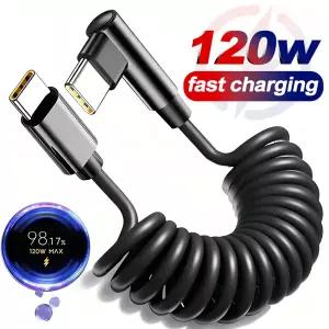 코일형 USB-C 충전 케이블 타입 C to C 90도 직각 와이어 120W 고속 충전 데이터 라인 아이폰 카플레이용