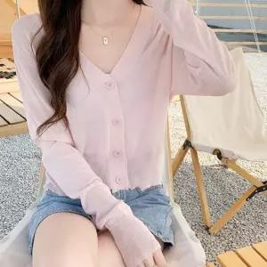 파스텔 여성 여름 칼라 얇은 기본 긴팔 가디건 카디건