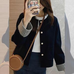 여성 봄 가을 빈티지 체크 재킷 코듀로이 네이비 코트 겨울