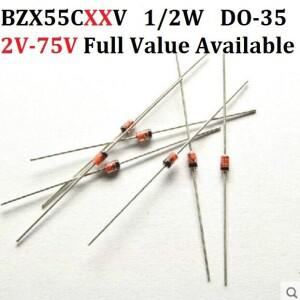 제너 다이오드, DO-35, BZX55C15V, 16V, 20V, 100 개, 1/2W 62V 75V. BZX55C/18/20/22/V