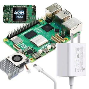 라즈베리 파이 5 4GB RAM용 iRaspptek 기본 스타터 키트 - 보드, 27W PD 전원 공급 장치 및 액티브 쿨러 포함