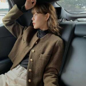 손오공 여성 가을 프렌치 라운드 싱글 캐주얼 숏 모직 코트 트렌드