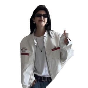 깜2 여성 PU가죽 라이더 코트 봄가을 자수 쇼트 점퍼