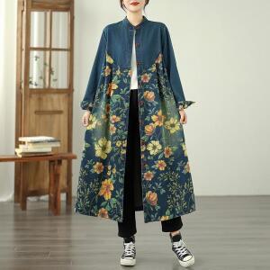 여성 빈티지 라운드 프린트 데님 코트 캐주얼 오버핏 하프 트렌치