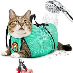 AWOOK 고양이 그루밍백 조절 가능한 목욕 가방 스크래치 방지 폴리에스터 부드러운 내구성 메쉬 샤워백