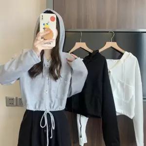 크롭 스트링 버튼후드티 꾸안꾸 캐주얼 데일리룩