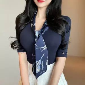 T4846 스카프 타이 브이넥 엘레강스 쫀쫀 반팔 티셔츠