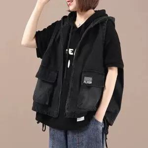 여성 청조끼 검은 데님 롱 오버핏 조끼 숏 캐주얼 빈티지