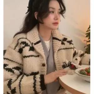 여성 코위찬 가디건 아이보리 S 두꺼운 빈티지 레트로 스웨터 에스닉