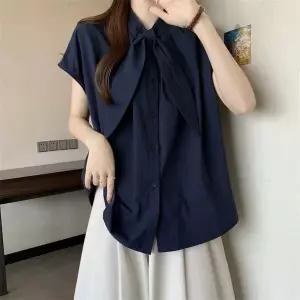 여성용 여름 캐주얼 셔츠 러블리 오버핏 반팔 블라우스 상의 오피스룩