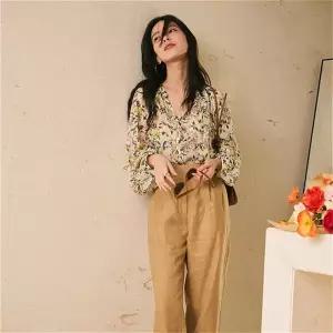 여성 데일리 플라워 쉬폰 벌룬소매 브이넥 블라우스 LJACS65