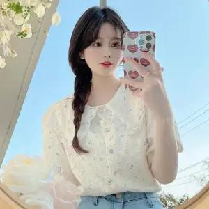 여성 캐주얼룩 쉬폰 플라워 패턴 블라우스 레이스 카라 반팔 여성 상의M05