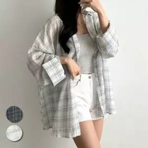 여성 빅사이즈 체크 여름 간절기 시스루 거즈 박시 롱 셔츠 55~99