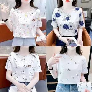 [알티피아]여성 라운드 반팔 티셔츠 패턴 디자인 데일리 상의