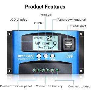 새로운 MPPT 태양광 충전 컨트롤러 100A 12V/24V 자동 지능형 레귤레이터 듀얼 USB 포트 LCD 디스플레이 (