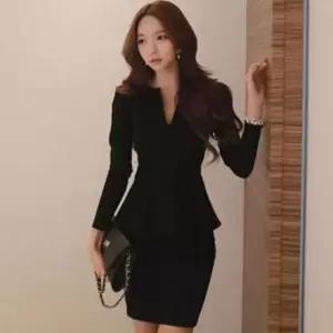 오너클랜 가을 하객 원피스 브이넥 프릴 슬림 미니원피스 슬림핏 가을 하객 원피스 브이넥 슬림