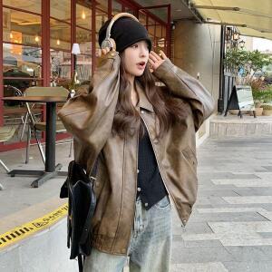 청수정 여성 카브라운 빈티지 메일라드 가죽 코트 가을 라이더핏 PU가죽 재킷 KS