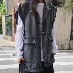 청 데님 조끼 데일리 오버핏 카라 베스트 블랙 [BBR82394]