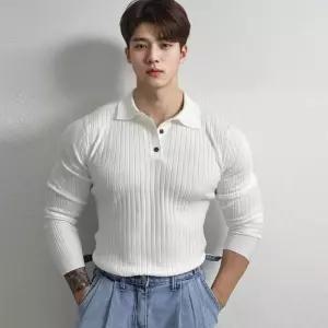 머슬핏 카라티 슬림핏 티셔츠 남성 긴팔 2색 단추 aYo93Vsp