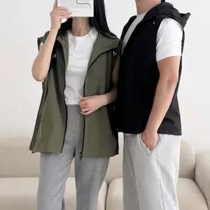 남자 여자 간편 외출 단독 레이어드 스타일 오버핏 패션 스트링 후드 조끼