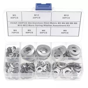 HVAZI 350PCS 미터법 M3 M4 M5 M6 M8 M10 M12 304 스테인리스 스틸 웨이브 스프링 와셔 모음 키트
