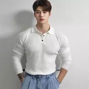 남성 머슬핏 긴팔 카라티 단추 슬림핏 티셔츠 2색