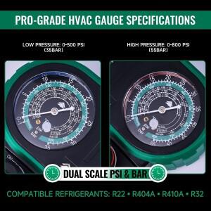 홍센 HM2-V-134 압력 게이지 세트, R134, R410 냉매 충전 매니폴드 키트 (자동차 에어컨용)